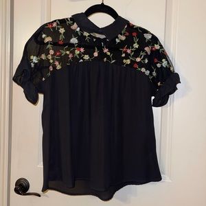 Black sheer short sleeve floral embroidery